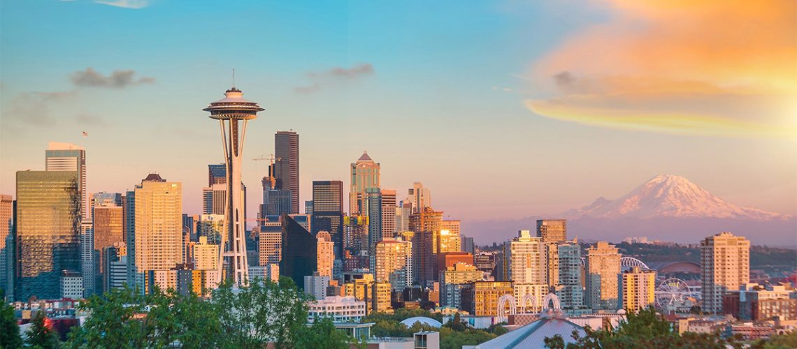 A scenic overlook featuring the Space Needle and Mount Rainier.